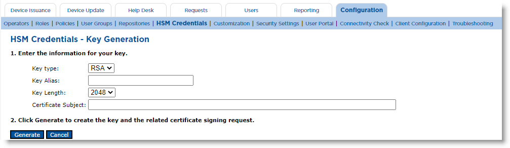 HSM Credentials - Key Generation dialog box with fields and drop-down lists used to enter the Key type, Key Alias, Key Length and Certificate Subject, as well as a Generate button and a Cancel button at the bottom